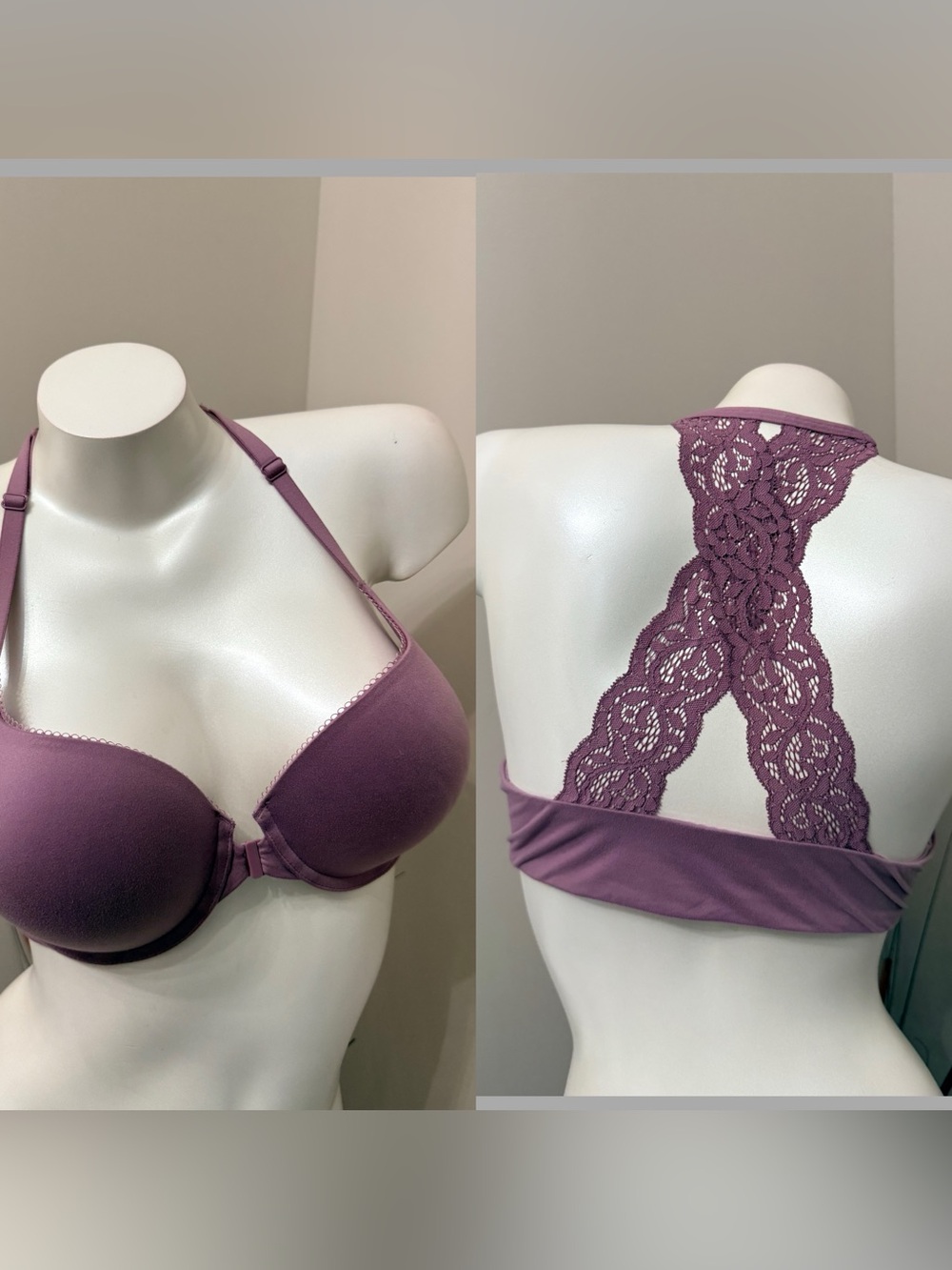 Body by Victoria VS Sz 38C Purple Underwire Padded Bra Front Closure Lace X Back